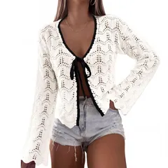 セオリア レディース アウター ニット・セーター カーディガン Seoria Women Color Block Cardigan Hollow Out Frontie Loose Top Whiteのサムネイル