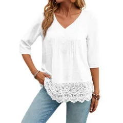 セオリア レディース トップス Tシャツ レース Seoria Women Half Sleeve Lace Hollow Outop White ホワイトのサムネイル