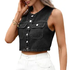 セオリア レディース トップス Tシャツ ベスト ノースリーブ デニム Seoria Womens Washedenim Vest Casual Round Neck Sleevelesstreeweのサムネイル