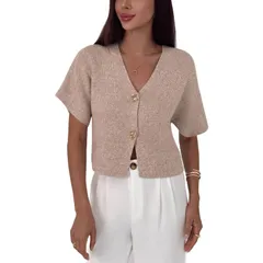 セオリア レディース アウター ニット・セーター シャツ Seoria Women Crop Button Sweater Elegant Short Sleeve Shirt Khaki カーキのサムネイル