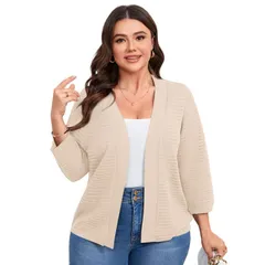 セオリア レディース アウター ニット・セーター プラスサイズ カーディガン Seoria Plusize 34 Sleeve Cardigan for Women Lightweight Holloのサムネイル