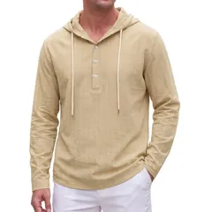 インスパイア シック メンズ アウター ニット・セーター シャツ リネン パーカー INSPIRE CHIC Mens Linen Hoodie Long Sleeve Button Summer Bのサムネイル