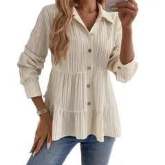 セオリア レディース トップス Tシャツ ボタンダウン フリル ダウン ブラウス Seoria Womens Long Sleeve Shirt Ruffle Button Down Loose Fiのサムネイル