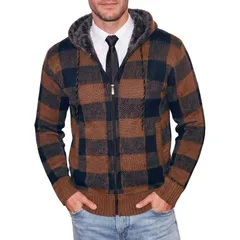 インスパイア シック メンズ アウター ニット・セーター フリース ジャケット INSPIRE CHIC Mens Drawstring Hooded Zipper Fleece Lined Plaiのサムネイル