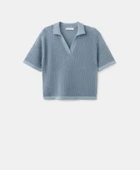 マンゴ レディース アウター ニット・セーター ポロシャツ MANGO Womens Openworknitted PoloNeck Sweater Sky Blue ブルーのサムネイル