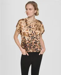 ダナ キャラン ニューヨーク レディース トップス シャツ クルーネック ブラウス DKNY Womens Crewneckeyhole Blouse Duneblack Multi ブラックのサムネイル