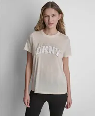 ダナ キャラン ニューヨーク レディース トップス Tシャツ クルーネック ロゴ DKNY Sport Womens Varsity Logo Crewneck TShirt Eggnogのサムネイル