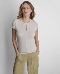 ダナ キャラン ニューヨーク レディース トップス シャツ クルーネック コントラスト DKNY Womens Crewneck Contrastitch Top Coconutのサムネイル