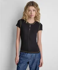 ダナ キャラン ニューヨーク レディース トップス シャツ クルーネック コントラスト DKNY Womens Crewneck Contrastitch Top Black ブラックのサムネイル