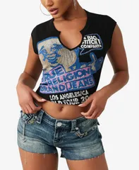 トゥルーレリジョン レディース トップス Tシャツ True Religion Womens Rib Notch Buddha TShirt Jet Black ブラックのサムネイル