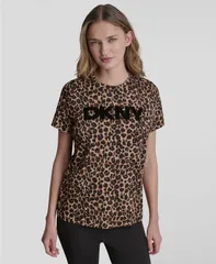 ダナ キャラン ニューヨーク レディース トップス Tシャツ クルーネック ロゴ DKNY Sport Womens Foilogo Leopard Crewneck TShirt Leopard Cのサムネイル