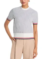 トムブラウン レディース トップス Tシャツイード コットン Thom Browne Cotton Tweed RWB Cuff Tee Light Grey グレーのサムネイル