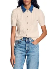 サンドロ レディース アウター カーディガン デニム Sandro Cardigan with Denim Collar Beige ベージュのサムネイル