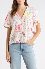 ラッキーブランド レディース トップス シャツ プリント リネン Lucky Brand Post Card Print Linen Blend Camp Shirt MULTI POSTCARD マのサムネイル
