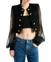 バルマン レディース アウター ジャケット・ブルゾン ツイード クロップド Balmain Cropped Tweed and Muslin Jacket Black ブラックのサムネイル