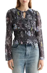スコッチアンドソーダ レディース トップス シャツ シフォン シャーリング Scotch Soda Long Sleeve Smocked Waist Chiffon Top BLACK MOUNTAのサムネイル