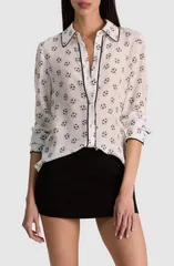 アリス アンド オリビア レディース トップス シャツ シルク Alice Olivia Willa Piped Silk Shirt GO FOR GOLD OFF WHITE オフホワイトのサムネイル