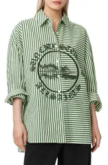 オールセインツ レディース トップス シャツ プリント グラフィック AllSaints Adrianne Stripe Graphic Print Ramie ButtonUp Shirt APPLのサムネイル