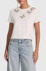 アリス アンド オリビア レディース トップス シャツ クロップド Alice Olivia Cindy Embellished Cropped Tee OFF WHITE SILVER CRYSTAのサムネイル