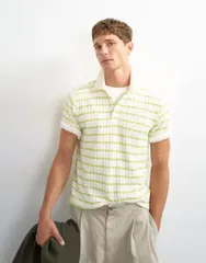 トップマン メンズ トップス ポロシャツ Topman classic fit crochet striped polo in ecru Lime ライムのサムネイル