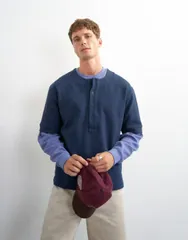 トップマン メンズ トップス ポロシャツ リラックスフィット ジャージー Topman relaxed fit jersey twill baseball henley shirt NAVY ネイビーのサムネイル
