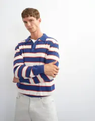 トップマン メンズ トップス ポロシャツ レギュラーフィット ニット Topman regular fit striped knit polo NAVY ネイビーのサムネイル