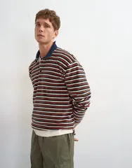 トップマン メンズ トップス ポロシャツ リラックスフィット Topman relaxed fit crop velour striped polo NAVY ネイビーのサムネイル