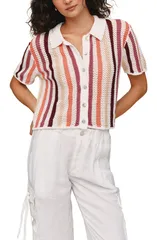 ベラダール レディース トップス シャツ ニット Bella Dahl Stripe Openwork Short Sleeve Crop Knit ButtonUp Shirt BEACH SIDEのサムネイル