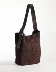 マンゴ レディース バッグ Mango buckle detail woven rectangle shoulder bag in chocolate チョコレートのサムネイル
