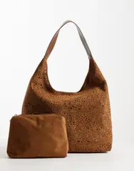 エイソス レディース バッグ スエード ASOS DESIGN faux suede cutwork tote with internal pouch in tan タンのサムネイル
