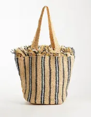 エイソス レディース バッグ フリンジ ASOS DESIGN striped fringededge tote bag in multi Neutral Stripe ストライプのサムネイル