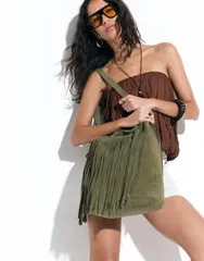 エイソス レディース バッグ スエード フリンジ ASOS DESIGN suede fringe tote bag Khaki カーキのサムネイル
