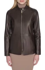 コールハーン レディース アウター コート レザー ジャケット Cole Haan Leather Biker Jacket DARK ESPRESSOのサムネイル
