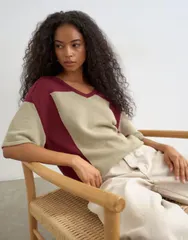 トップショップ レディース トップス シャツ ニット Topshop knit drawstring color block top berry and Khaki カーキのサムネイル