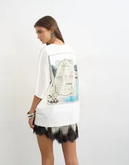 トップショップ レディース トップス Tシャツ グラフィック Topshop Casa Palma graphic oversized tshirt in cream WHITE ホワイトのサムネイル
