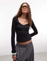 モンキ レディース トップス Tシャツ Vネック Monki vneck long sleeve top Black ブラックのサムネイル