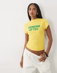 エイソス レディース トップス Tシャツ ASOS DESIGN baby tee with Drinking of You slogan in yellow PRINT イエローのサムネイル