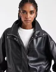エイソス レディース アウター コート レザー ジャケット ASOS DESIGN clean leather look funnel track bomber jacket Black ブラックのサムネイル