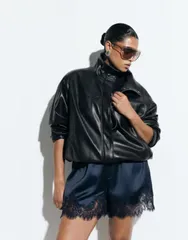 エイソス レディース アウター コート レザー ジャケット ASOS Curve ASOS DESIGN Curve leather look funnel track bomber jacket Bのサムネイル