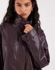 エイソス レディース アウター コート レザー ジャケット ASOS DESIGN leather look funnel track bomber jacket in chocolate plumのサムネイル