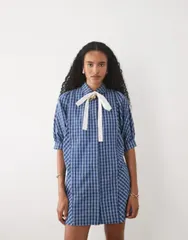 シスタージュン レディース トップス ワンピース ミニ Sister Jane Celestexclusive bow detail short sleeve mini dress plaid Bluのサムネイル