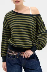 アーバンアウトフィッターズ レディース トップス シャツ BDG Urban Outfitters Kurt Striped Off the Shoulder Top GREEN STRIPE グリーのサムネイル
