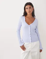 マンゴ レディース アウター カーディガン Vネック Mango frill detailing vneck cardigan BLUE ブルーのサムネイル