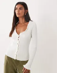 マンゴ レディース アウター カーディガン Vネック Mango frill detailing vneck cardigan in cream クリームのサムネイル