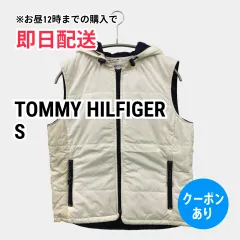 TOMMY HILFIGER トミーヒルフィガー ダウンベスト S ホワイト 無地 ブランドロゴ ライン柄 フードあり メンズ レディースのサムネイル