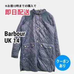 Barbour バブアー ブルゾン UK 14 ネイビー 無地 ワンポイント ブランドロゴ キルティング ロング丈 フードあり ボタン留め レディースのサムネイル