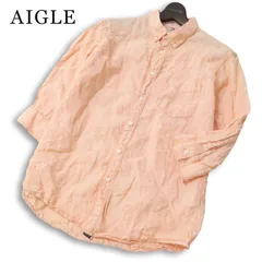 AIGLE エーグル 春夏★ 麻 リネン 七分袖 ストライプ 刺繍 シャツ Sz.L メンズ アウトドアのサムネイル