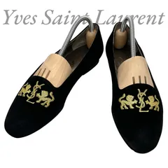 【B5856】 Yves Saint Laurent イヴ サンローラン ローファー スリッポン スエード ブラック ゴールド ライオン刺繍のサムネイル