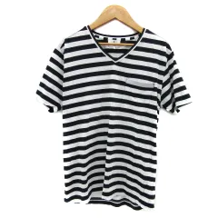 ランバンオンブルー LANVIN en Bleu Tシャツ カットソー 半袖 Vネック ボーダー柄 48 紺 ネイビー 白 ホワイト /YS24のサムネイル