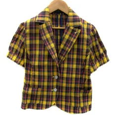 グリーンレーベルリラクシング ユナイテッドアローズ green label relaxing オープンカラージャケット 半袖 ミドル丈 シングルボタン チェック柄 38 マルチカラー 黄 イエロー /MA1のサムネイル